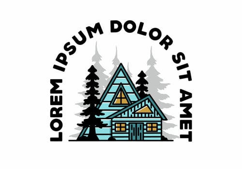Aesthetic wood house between two pine tree illustration badge design vector