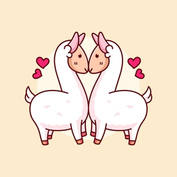 two cute alpacas kissing form love cartoon illustration vector