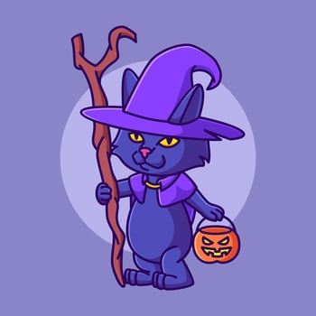cute cat witch carrying halloween pumpkin cartoon illustration vector