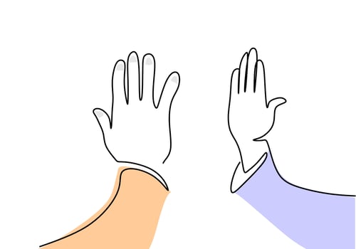 One continuous single line hand drawing of high five hands vector