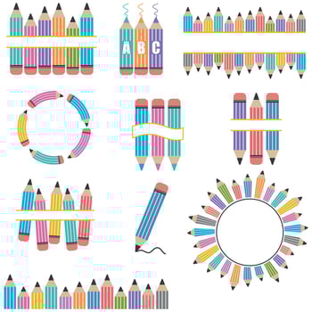 Pencil set with text frame, color vector isolated illustration