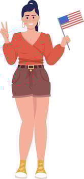 Joyful woman with American flag semi flat color vector character
