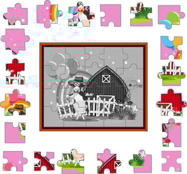 Cow in the farm photo jigsaw puzzle game template vector