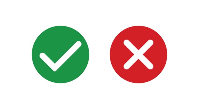 Checkmark icons set. Tick and cross sign. Green check mark and red X cross icon isolated on white background. Simple marks graphic flat design. Circle shape YES and NO button. Vector illustration.