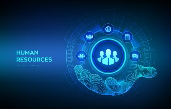 Human Resources. HR symbol in robotic hand. HR management, recruitment, employment, headhunting business concept. Human social network and leadership. Vector illustration.