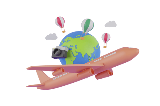 summer travel vacation concept. Suitcase surrounded by hot air balloons, camera, glasses, plane and hot air balloons on a 3d podium. 3d rendering. png