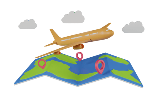 Travel by plane creative concept.3D rendering pin map and suitcase with flight plane travel tourism plane trip planning world tour luggage png