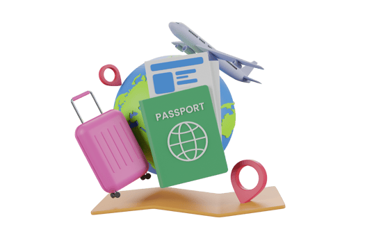 3D rendering globe pin map and suitcase with flight. Travel concept 3d illustration, Airplane flying over the map pin.3d rendering. png