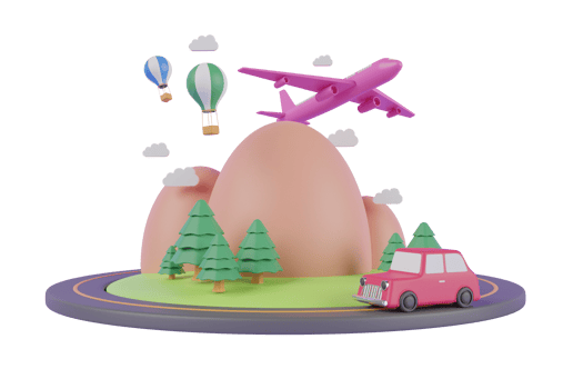 holiday with retro car. Retro car full of things. Travel by plane creative concept. Realistic 3d design airplane takes off. 3d rendering. png