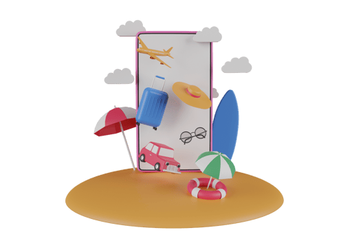 Traveling suitcase with smartphone and travel accessories on purple background.Travel by plane creative concept.summer travel vacation concept. 3D rendering. png