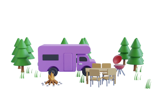 Motorhome camping surrounded by pine trees on an blue background. 3d rendering. Travel and camping concept. png