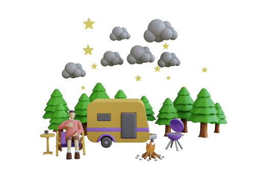 A yellow motorhome in a pine forest surrounded by clouds and stars.Travel and camping concept.3d render. png