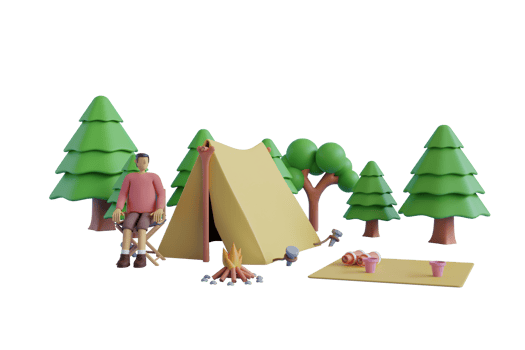 3D cartoon Campfire and tents in the pine forest. 3d illustration of low-poly geometric fir trees and a tent near the campfire and hiking kettle. png