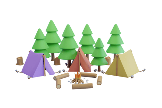 camping surrounded by pine trees. Travel and camping concept. tent near the campfire. 3d rendering. png