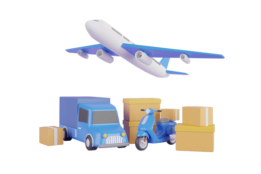 3d rendering of fast delivery service by truck, scooter, airplane. Airplane and truck with cardboard boxes. Courier service Delivery. png