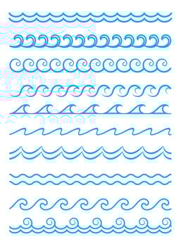 Sea and ocean waves, blue water surf borders vector