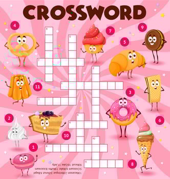 Cartoon sweets and desserts, crossword puzzle game vector