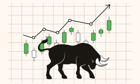 bull market means rapid growth, is rooted in the minds of people and is actively used among the crypto community. bull symbol and a graph of the rapid growth of the crypto currency. vector flat