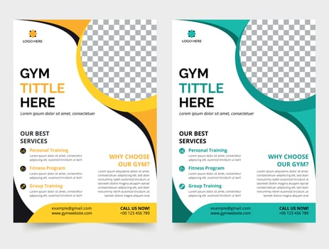 Business Gym Fitness Flyer yellow and sky color design corporate template design for annual report company leaflet cover Free Vector