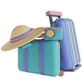 3D illustration camera, hat and suitcase png