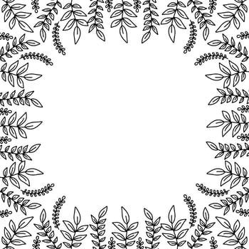 Vector hand drawn flower circle frame isolated on white background. Decorative doodle floral square pattern of leaves, spring, flowers, leaf, plants, flower decorations, wreaths for seasonal design.