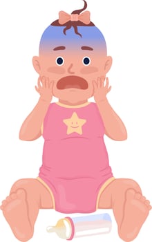Scared baby girl with bottle semi flat color vector character
