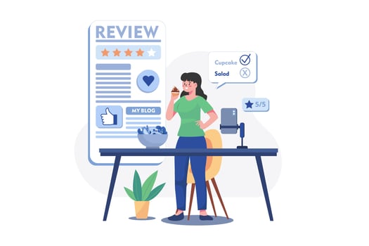 Blogger Woman Trying Food and Making Review vector