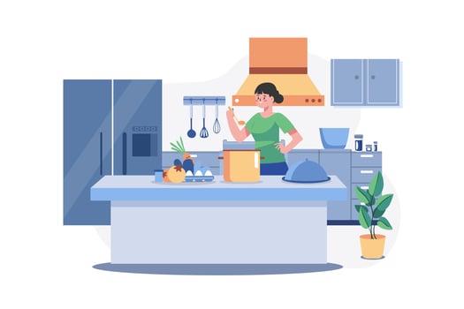 Girl cooking food at the kitchen desk vector