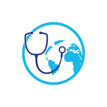 World care vector logo template. Globe sign and stethoscope doctor vector logo design template.