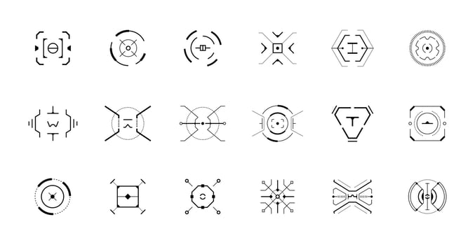 HUD aim control target system set. GUI and FUI interface. Futuristic military optical aiming collection. GUI digital radar elements. Gun focus range collimator sights. Digital dashboard eps crosshairs vector