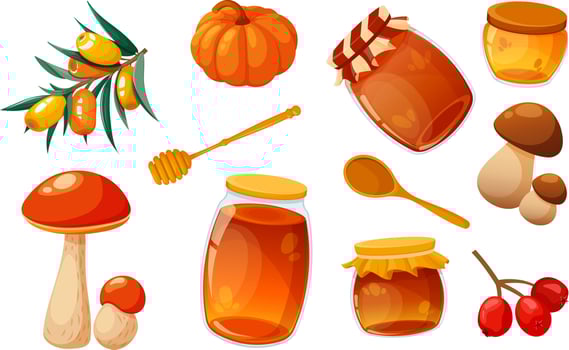 Autumn harvest, autumn table, harvest festival. Pumpkin, honey, jam, wooden dishes, mushrooms, berries vector