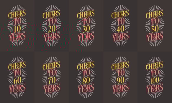 Typography Birthday quote design bundle. Set of 10 Calligraphy Birthday lettering design. Cheers to 10, 18, 20, 30, 40, 50, 60, 70, 80, 90, 100 years. vector
