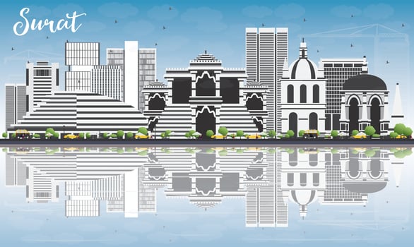 Surat Skyline with Gray Buildings, Blue Sky and Reflections. vector