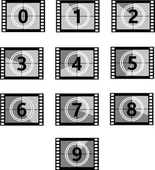 set a classic film countdown frame at the number one, two,three,four,five,six,seven,eight and nine. film countdown sign. movie timer count symbol. vector