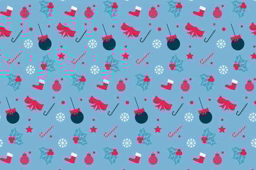 Creative seamless Christmas pattern with decoration balls and red ribbons. Endless abstract pattern for bed sheets and wrapping papers. Minimal Christmas pattern vector with frosty blue background.