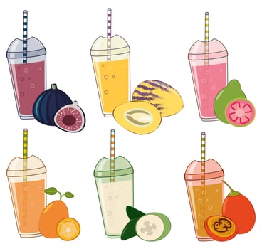 Closeup of colorful cocktails and exotic fruits on white background. Sweet food. Vegetarian food. Vector illustration
