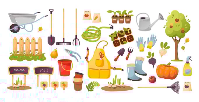 Garden, farm and agriculture set. Gardening tools. Harvest. Cartoon vector illustration