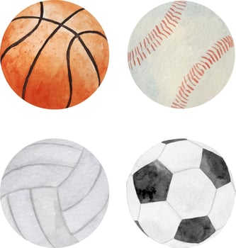 Watercolor illustration of sport balls set like football, soccer, basketball and baseball isolated on white background vector