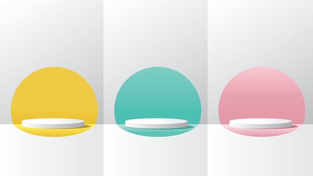 Set of white realistic 3D cylinder podium with pastel yellow, green, and pink in semi-circle backdrop vector background.
