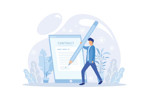 Business people sign contract concept. Characters checking agreement. Corporate document data protection, terms and conditions and privacy policy concept. vector