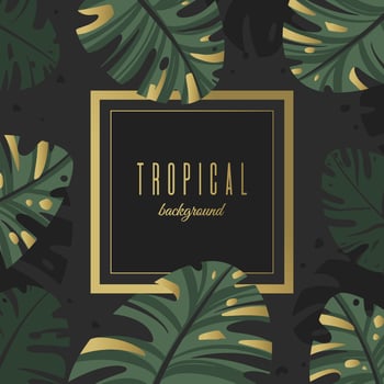Background of tropical leaves with gold decor. Unique design for greeting card or invitation vector