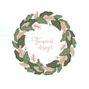 Wreath of tropical leaves and flowers. Unique design of greeting card template vector