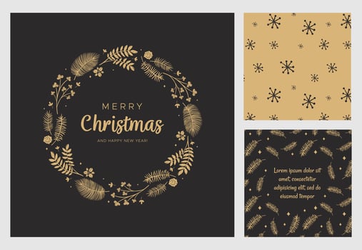 Merry Christmas and Happy New Year greeting card. Wreath with gold leaves, pine branches and fir cones vector