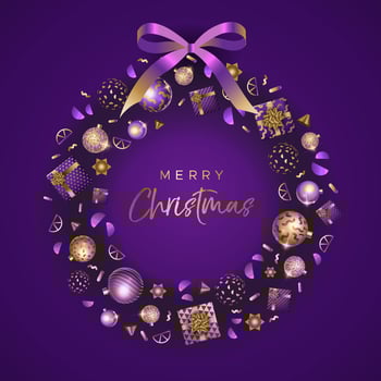 Festive wreath with gifts and Christmas elements on black background vector