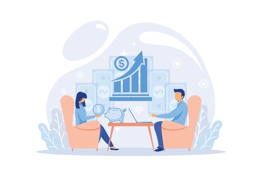 Investment and Analysis Money Profits. Investor sitting on stack of coins. Employee Making Investing Plans, Calculating Benefits on Laptop. Profitable investment, vector