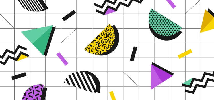 Background in the style of the 80s with multicolored geometric shapes on the white background vector