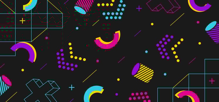 Background in the style of the 80s with multicolored geometric shapes on the black background vector
