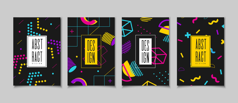 Set cards in the style of the 80s with multicolored geometric shapes on the black background vector