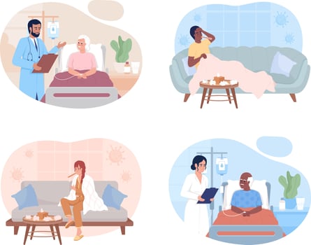 Hospital and domestic treatment 2D vector isolated illustrations set. Medicine flat characters on cartoon background. Therapy colourful editable scenes for mobile, website, presentation collection