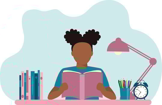 back to school. african american girl reading book near copybooks vector